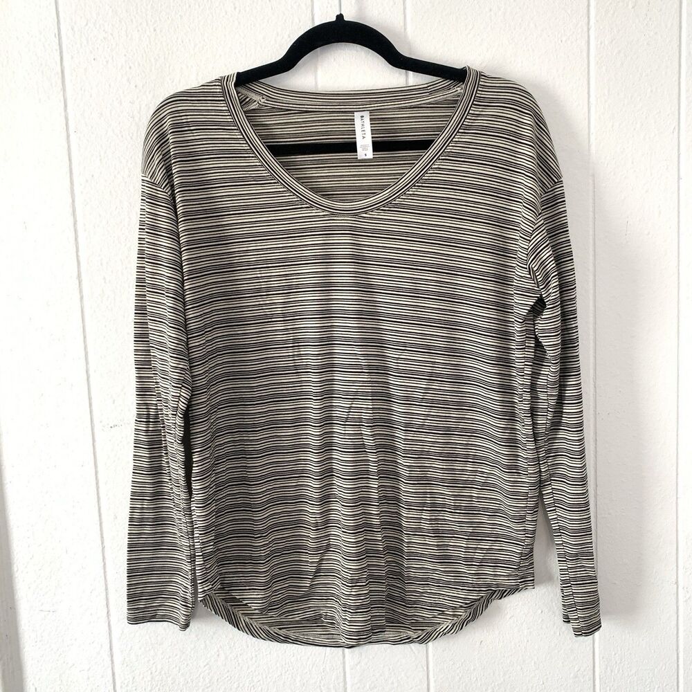 Athleta Womens Small Shirt Cloudlight Stratus Striped Cream Black Athletic Casua